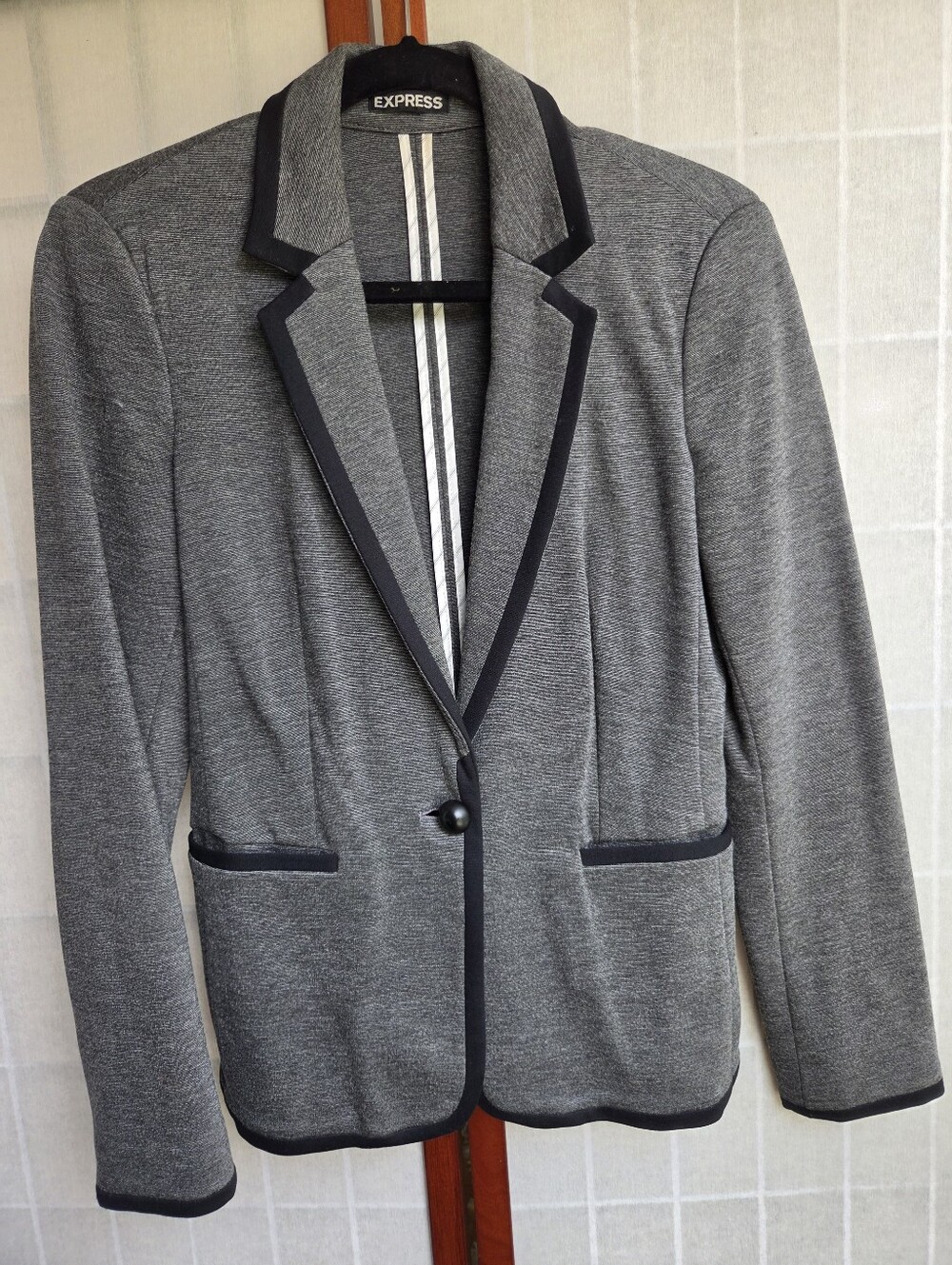 Express Heather Gray Contrast Trim Knit Blazer Preppy Jacket Size Small